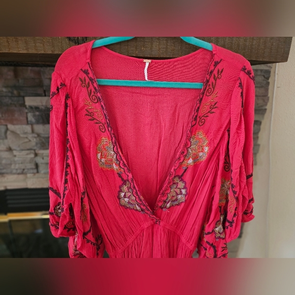 Free People Women’s Cora Embroidered Open Front Mini Dress Coral Size Large - Picture 2 of 5